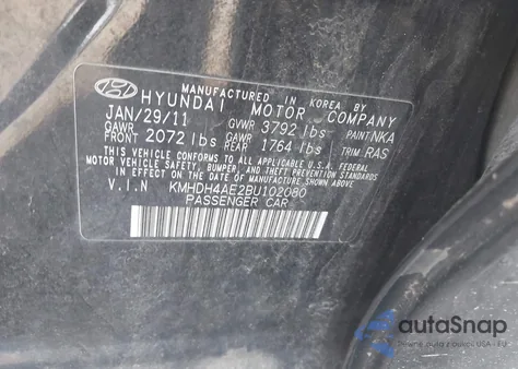 2011 Hyundai Elantra Gls (Ulsan Plant) from USA, damaged, VIN KMHDH4AE2BU102080